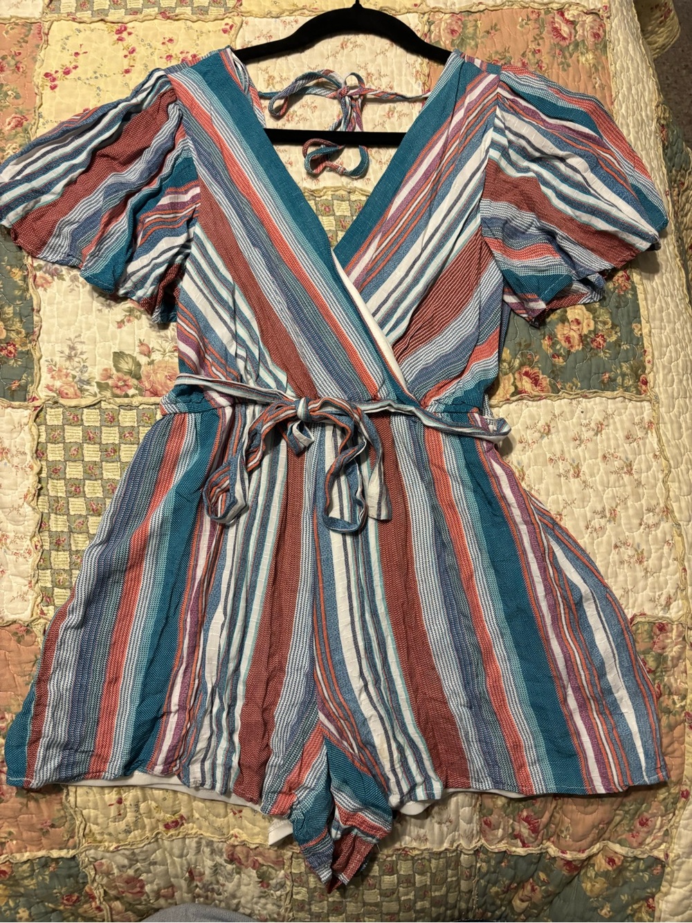 Mi Ami Striped Blue, Rust & White Wrap Women’s Romper Small